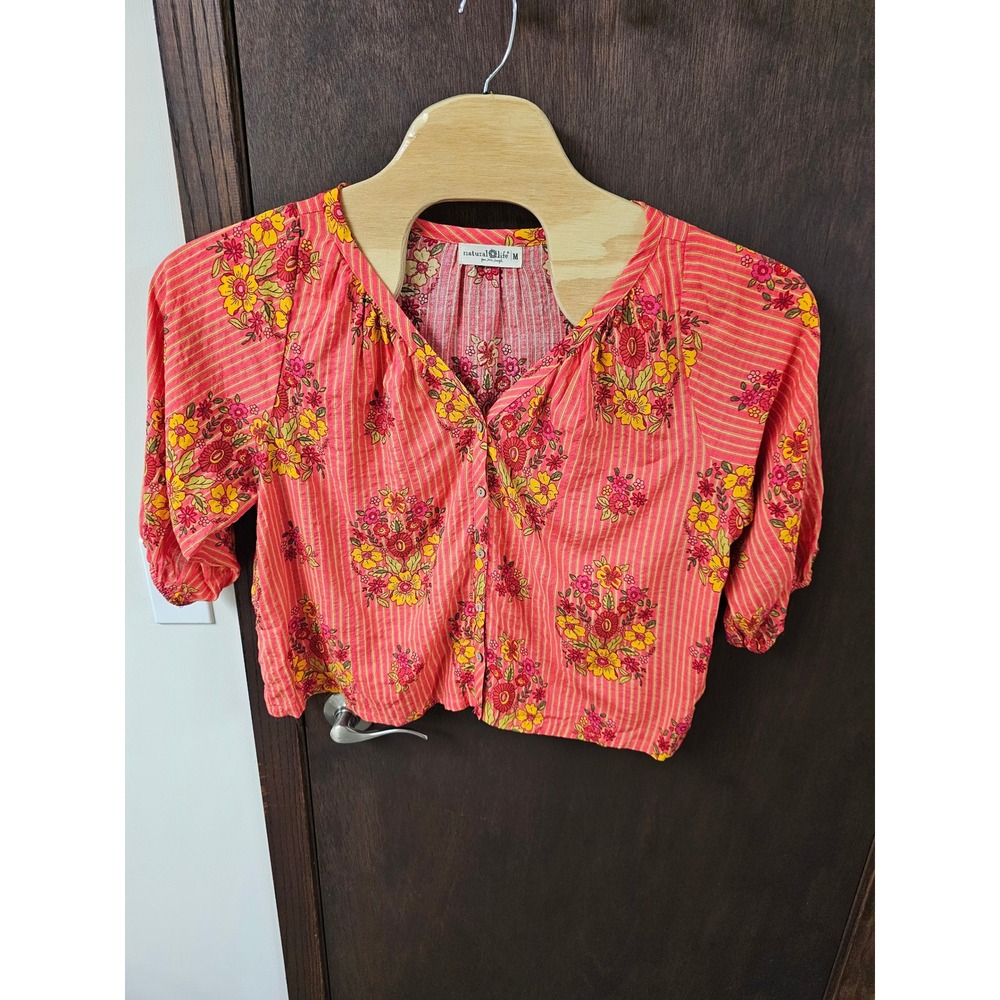 Natural Life Floral Striped Top Coral Pink Boho Button Front Blouse M peasant